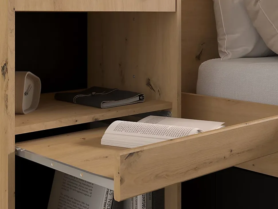 Lit pont 160 x 200 cm avec rangements - Avec LEDs - Coloris : Naturel et noir + Sommier + Matelas - VARLY