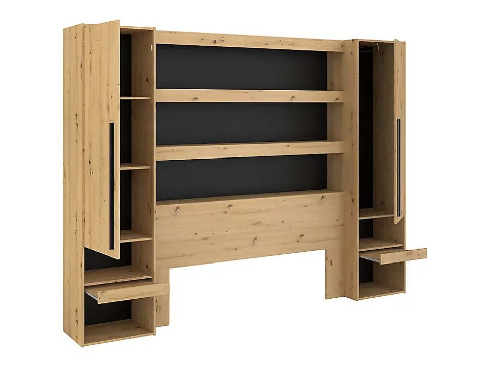 Lit pont 160 x 200 cm avec rangements - Avec LEDs - Coloris : Naturel et noir + Sommier + Matelas - VARLY