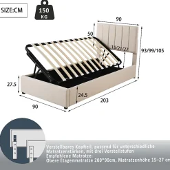 Lit Pour Enfant Rembourré, 90 X 200 Cm, Coffre De Rangement Hydraulique, En Lin, Beige