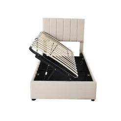 Lit Pour Enfant Rembourré, 90 X 200 Cm, Coffre De Rangement Hydraulique, En Lin, Beige