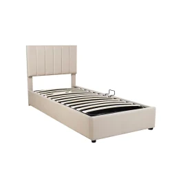 Lit Pour Enfant Rembourré, 90 X 200 Cm, Coffre De Rangement Hydraulique, En Lin, Beige