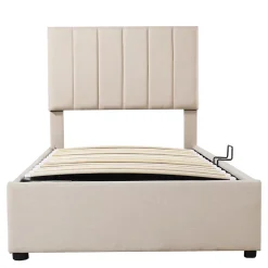 Lit Pour Enfant Rembourré, 90 X 200 Cm, Coffre De Rangement Hydraulique, En Lin, Beige