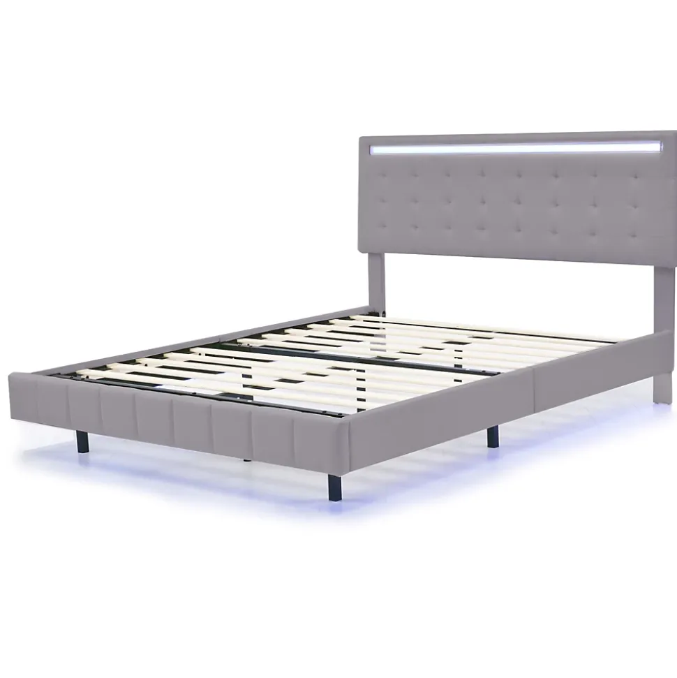 Lit rembourré 140 par 200 cm avec cadre flottant LED et tête de lit moderne en lin doux gris pour chambre élégante
