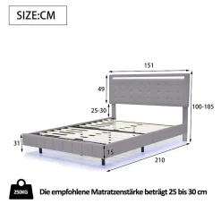 Lit rembourré 140 par 200 cm avec cadre flottant LED et tête de lit moderne en lin doux gris pour chambre élégante