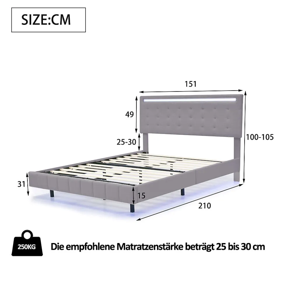 Lit rembourré 140 par 200 cm avec cadre flottant LED et tête de lit moderne en lin doux gris pour chambre élégante