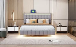 Lit rembourré 140 par 200 cm avec cadre flottant LED et tête de lit moderne en lin doux gris pour chambre élégante