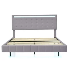 Lit rembourré 140 par 200 cm avec cadre flottant LED et tête de lit moderne en lin doux gris pour chambre élégante