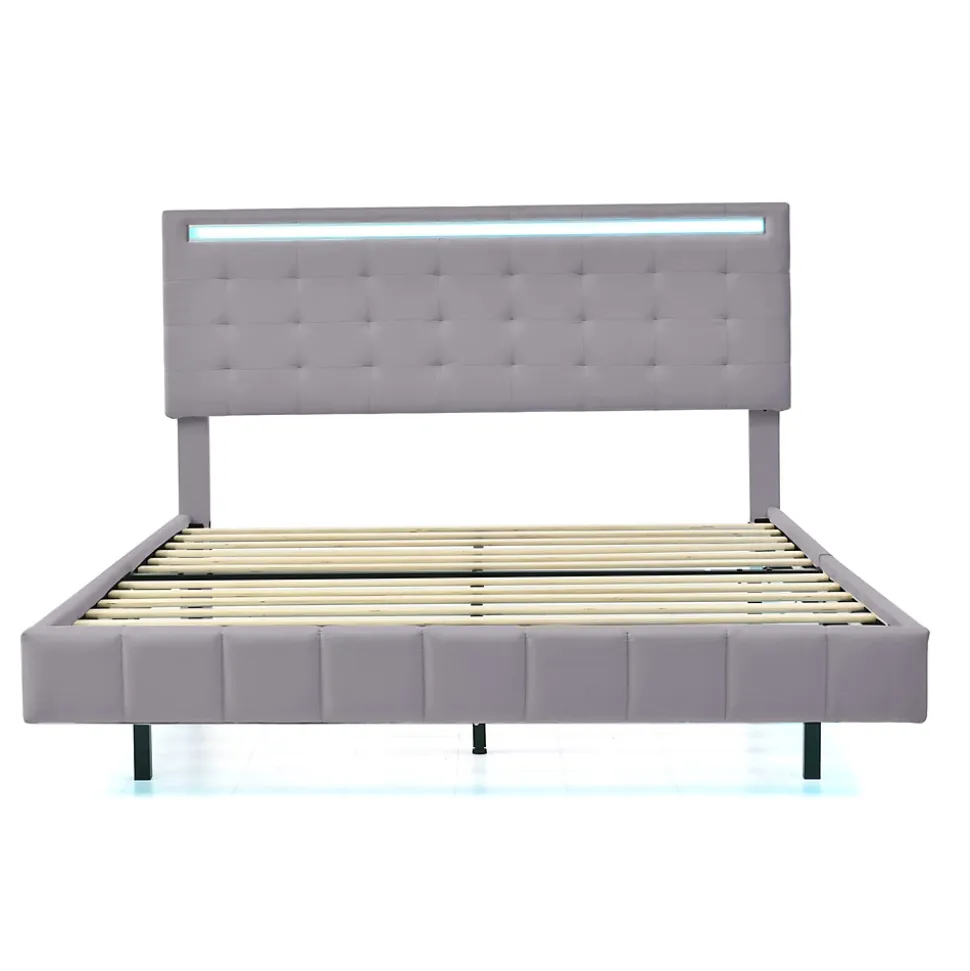 Lit rembourré 140 par 200 cm avec cadre flottant LED et tête de lit moderne en lin doux gris pour chambre élégante