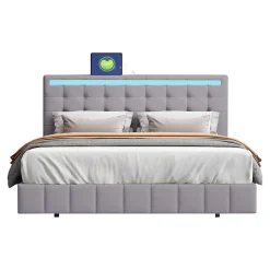 Lit rembourré 140 par 200 cm avec cadre flottant LED et tête de lit moderne en lin doux gris pour chambre élégante