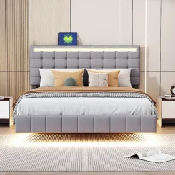 Lit rembourré 140 par 200 cm avec cadre flottant LED et tête de lit moderne en lin doux gris pour chambre élégante