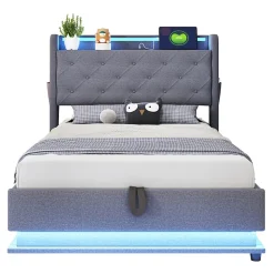 Lit rembourré 90 par 200 cm avec LED multicolores prise USB tête relevable rangement hydraulique poches latérales tissu gris