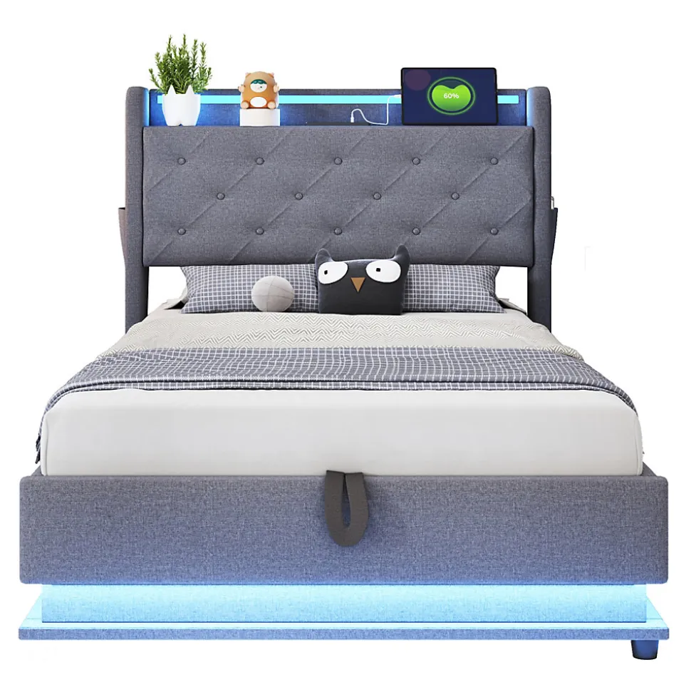 Lit rembourré 90 par 200 cm avec LED multicolores prise USB tête relevable rangement hydraulique poches latérales tissu gris