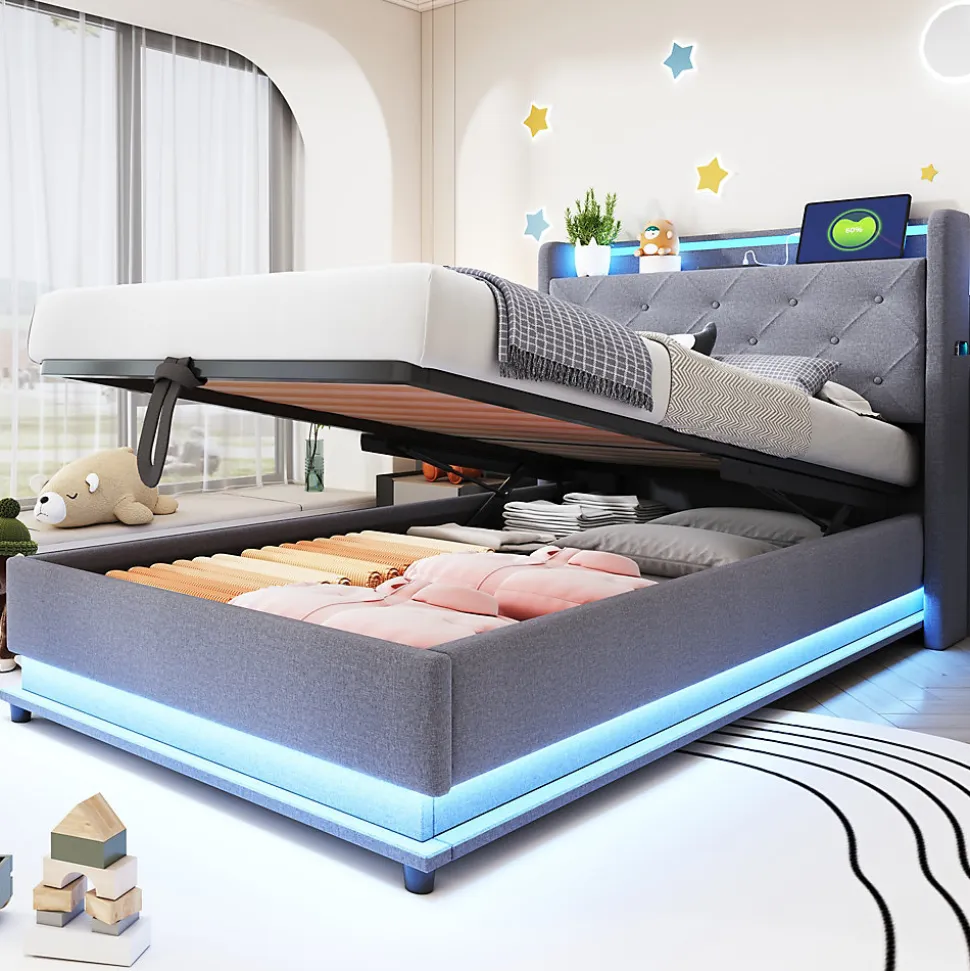 Lit rembourré 90 par 200 cm avec LED multicolores prise USB tête relevable rangement hydraulique poches latérales tissu gris