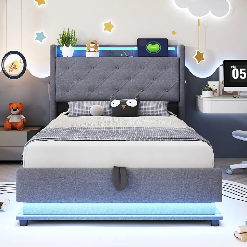 Lit rembourré 90 par 200 cm avec LED multicolores prise USB tête relevable rangement hydraulique poches latérales tissu gris