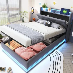 Lit rembourré 90 par 200 cm avec LED multicolores prise USB tête relevable rangement hydraulique poches latérales tissu gris