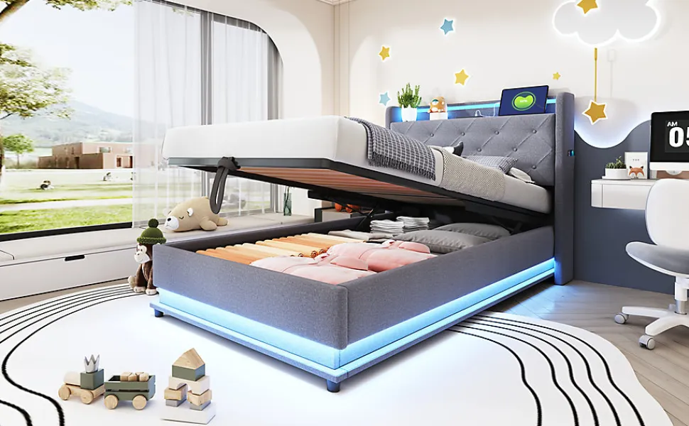 Lit rembourré 90 par 200 cm avec LED multicolores prise USB tête relevable rangement hydraulique poches latérales tissu gris