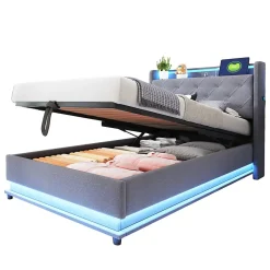 Lit rembourré 90 par 200 cm avec LED multicolores prise USB tête relevable rangement hydraulique poches latérales tissu gris