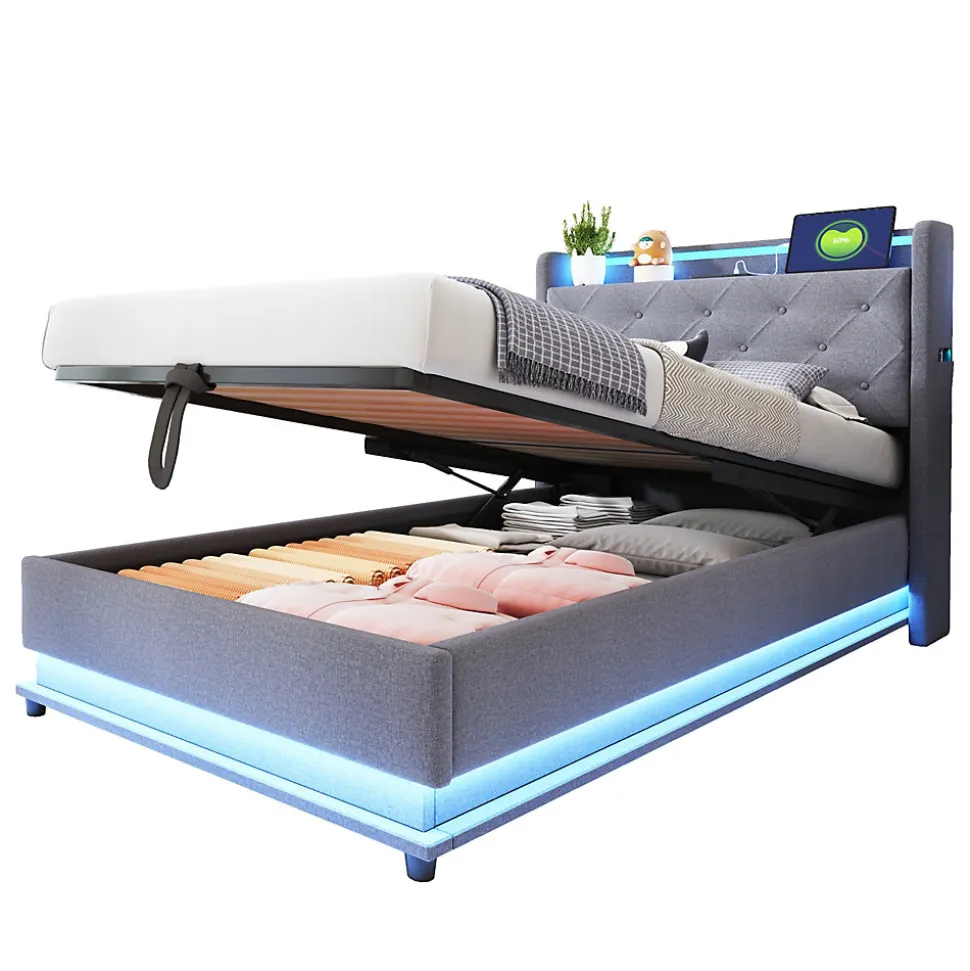 Lit rembourré 90 par 200 cm avec LED multicolores prise USB tête relevable rangement hydraulique poches latérales tissu gris