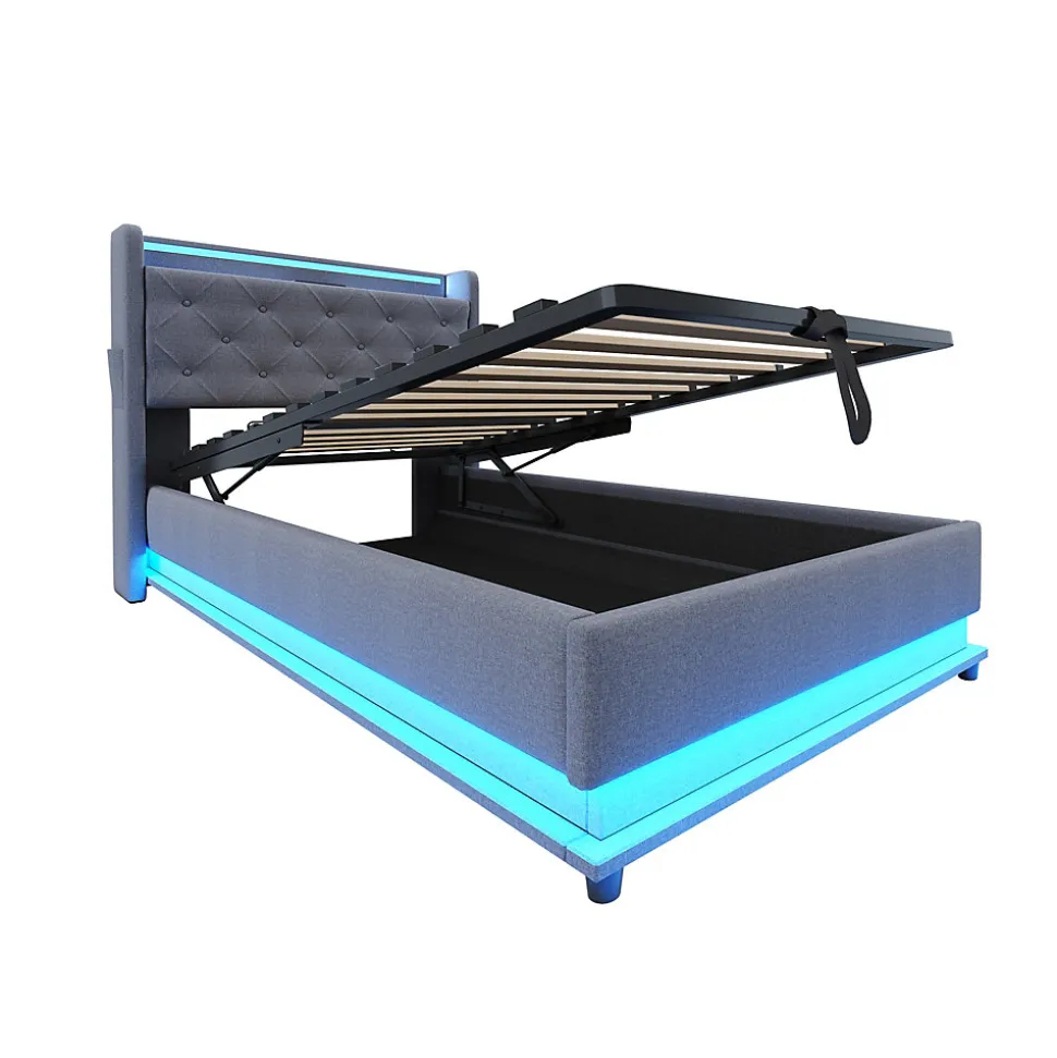 Lit rembourré 90 par 200 cm avec LED multicolores prise USB tête relevable rangement hydraulique poches latérales tissu gris