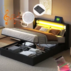 Lit rembourré 140 sur 200 avec éclairage LED lecteur Bluetooth port USB rangement en cuir PU sommier inclus noir élégant