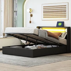 Lit rembourré 140 sur 200 avec éclairage LED lecteur Bluetooth port USB rangement en cuir PU sommier inclus noir élégant