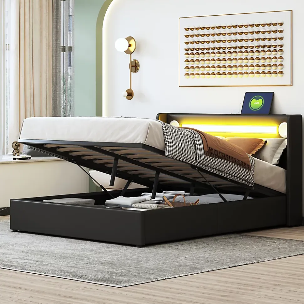 Lit rembourré 140 sur 200 avec éclairage LED lecteur Bluetooth port USB rangement en cuir PU sommier inclus noir élégant