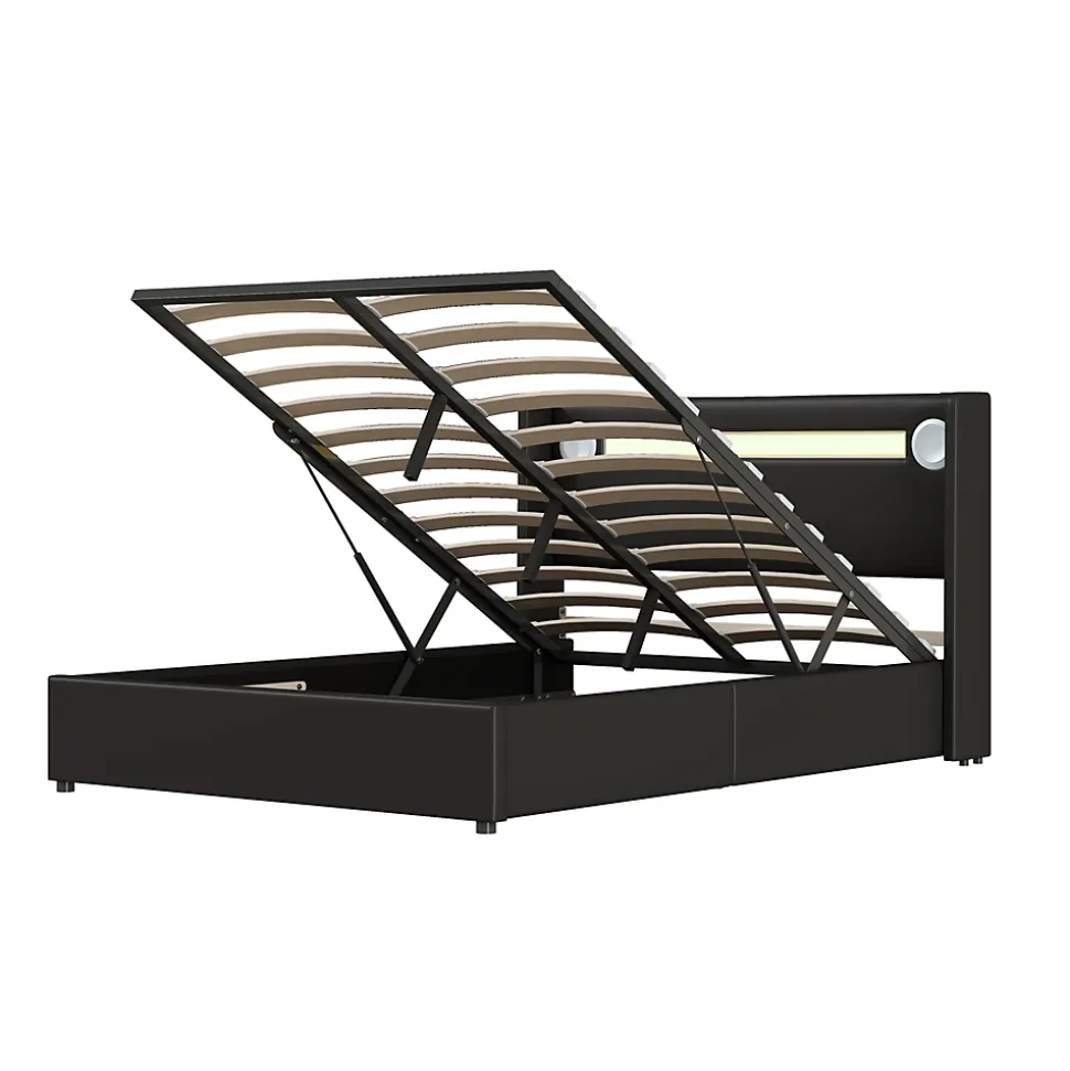 Lit rembourré 140 sur 200 avec éclairage LED lecteur Bluetooth port USB rangement en cuir PU sommier inclus noir élégant