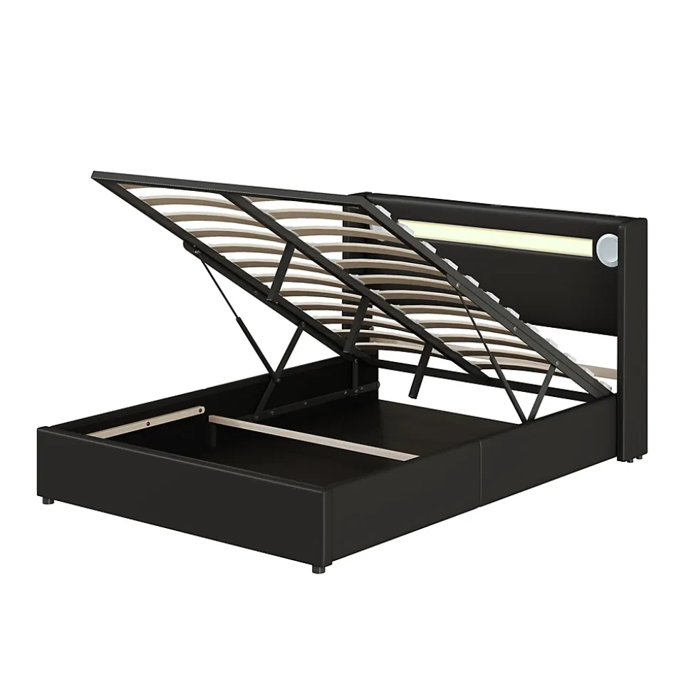 Lit rembourré 140 sur 200 avec éclairage LED lecteur Bluetooth port USB rangement en cuir PU sommier inclus noir élégant