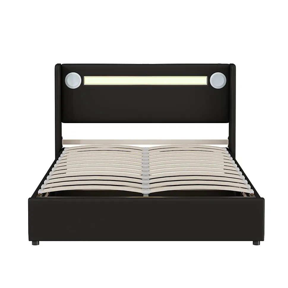 Lit rembourré 140 sur 200 avec éclairage LED lecteur Bluetooth port USB rangement en cuir PU sommier inclus noir élégant