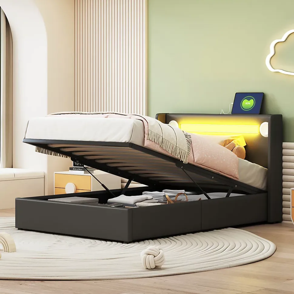 Lit rembourré 90 sur 200 avec éclairage LED lecteur Bluetooth port USB rangement en cuir PU sommier inclus pour chambre jeune