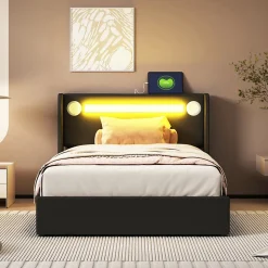 Lit rembourré 90 sur 200 avec éclairage LED lecteur Bluetooth port USB rangement en cuir PU sommier inclus pour chambre jeune