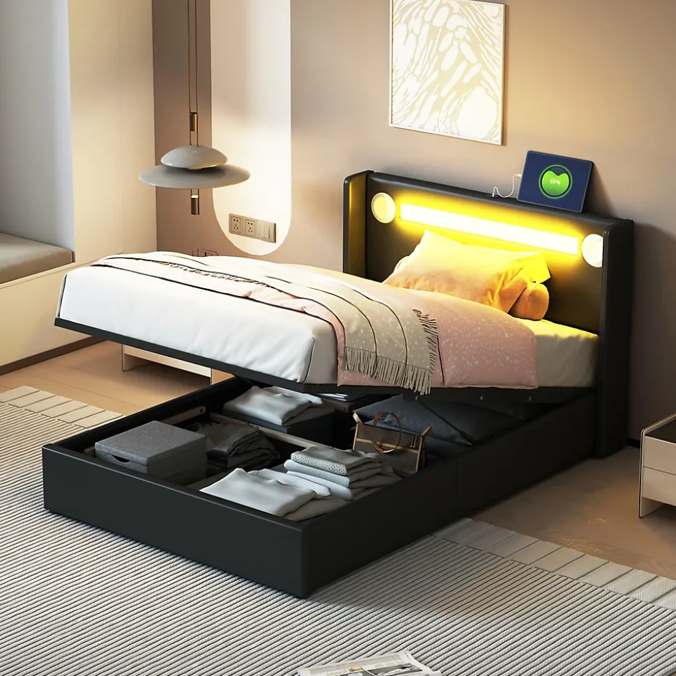Lit rembourré 90 sur 200 avec éclairage LED lecteur Bluetooth port USB rangement en cuir PU sommier inclus pour chambre jeune