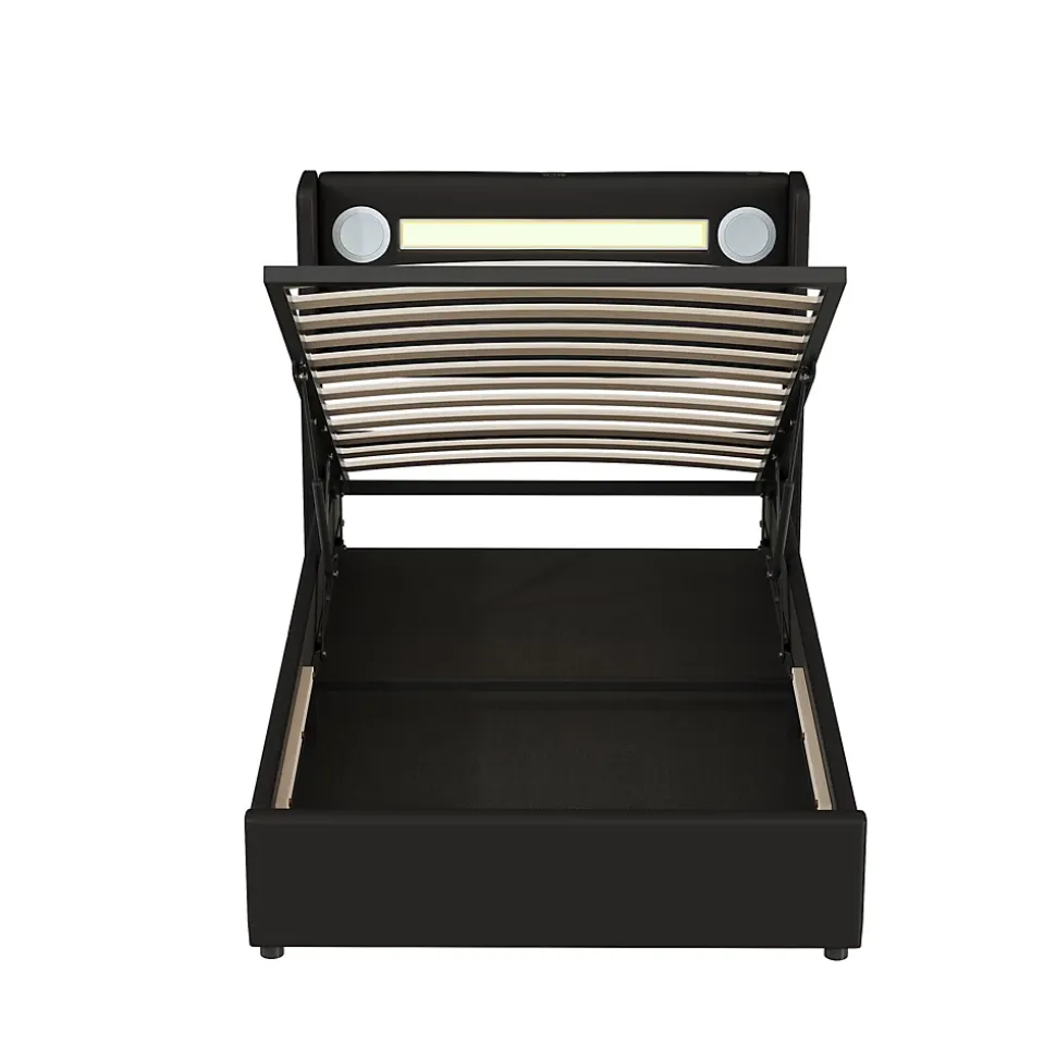 Lit rembourré 90 sur 200 avec éclairage LED lecteur Bluetooth port USB rangement en cuir PU sommier inclus pour chambre jeune