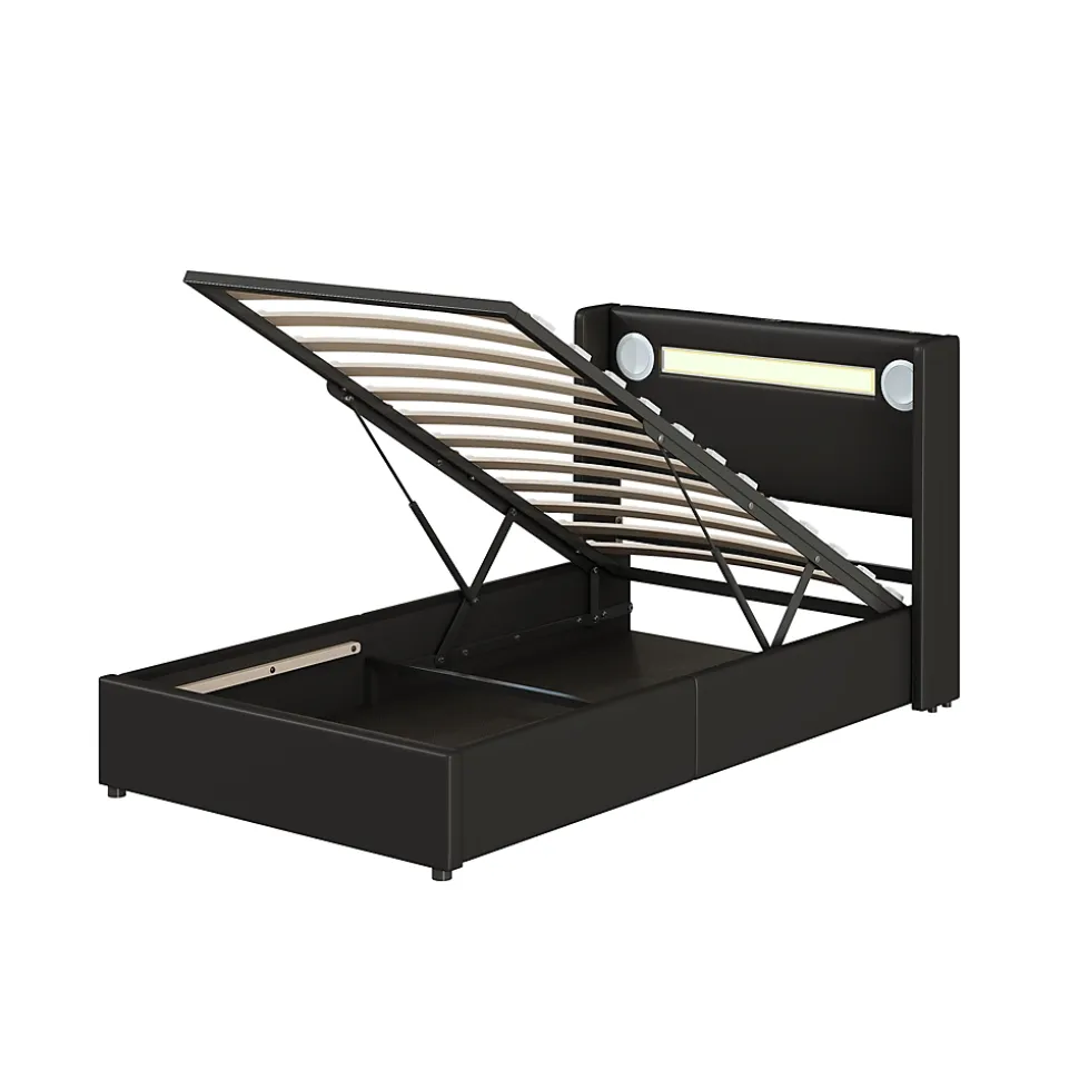 Lit rembourré 90 sur 200 avec éclairage LED lecteur Bluetooth port USB rangement en cuir PU sommier inclus pour chambre jeune