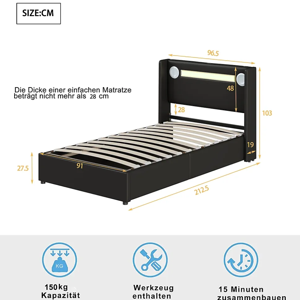 Lit rembourré 90 sur 200 avec éclairage LED lecteur Bluetooth port USB rangement en cuir PU sommier inclus pour chambre jeune