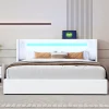 Lit rembourré 160 sur 200 avec éclairage LED lecteur Bluetooth port USB rangement en cuir PU sommier inclus blanc moderne
