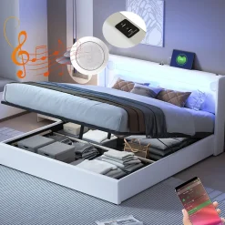 Lit rembourré 160 sur 200 avec éclairage LED lecteur Bluetooth port USB rangement en cuir PU sommier inclus blanc moderne