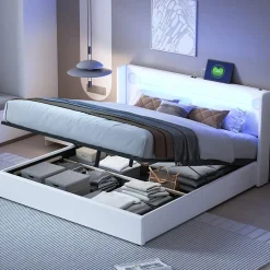 Lit rembourré 160 sur 200 avec éclairage LED lecteur Bluetooth port USB rangement en cuir PU sommier inclus blanc moderne