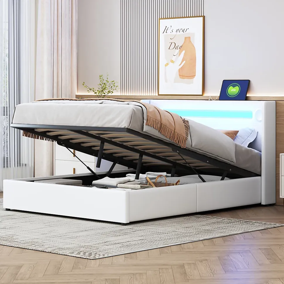 Lit rembourré 140 sur 200 avec éclairage LED lecteur Bluetooth port USB rangement en cuir PU sommier inclus pour chambre