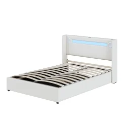 Lit rembourré 140 sur 200 avec éclairage LED lecteur Bluetooth port USB rangement en cuir PU sommier inclus pour chambre