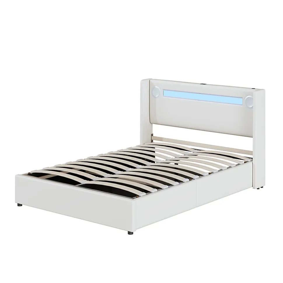 Lit rembourré 140 sur 200 avec éclairage LED lecteur Bluetooth port USB rangement en cuir PU sommier inclus pour chambre