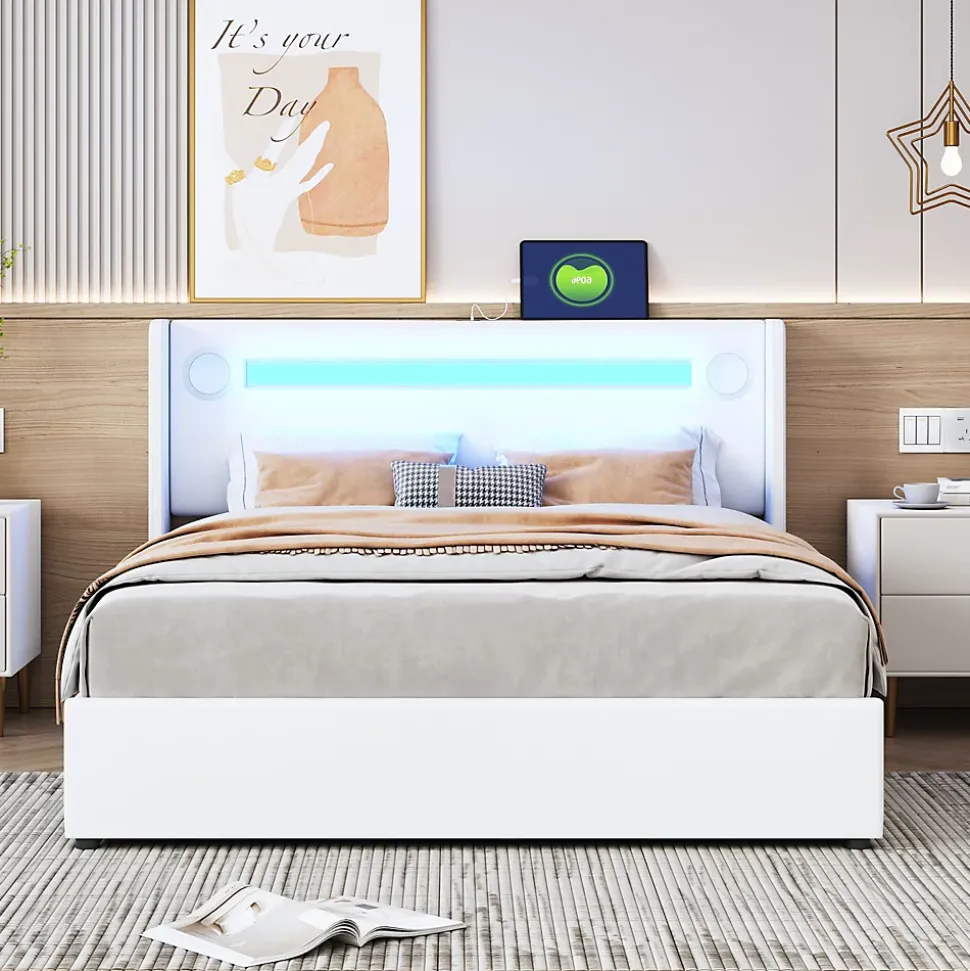 Lit rembourré 140 sur 200 avec éclairage LED lecteur Bluetooth port USB rangement en cuir PU sommier inclus pour chambre