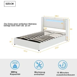 Lit rembourré 140 sur 200 avec éclairage LED lecteur Bluetooth port USB rangement en cuir PU sommier inclus pour chambre