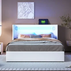 Lit rembourré 140 sur 200 avec éclairage LED lecteur Bluetooth port USB rangement en cuir PU sommier inclus pour chambre