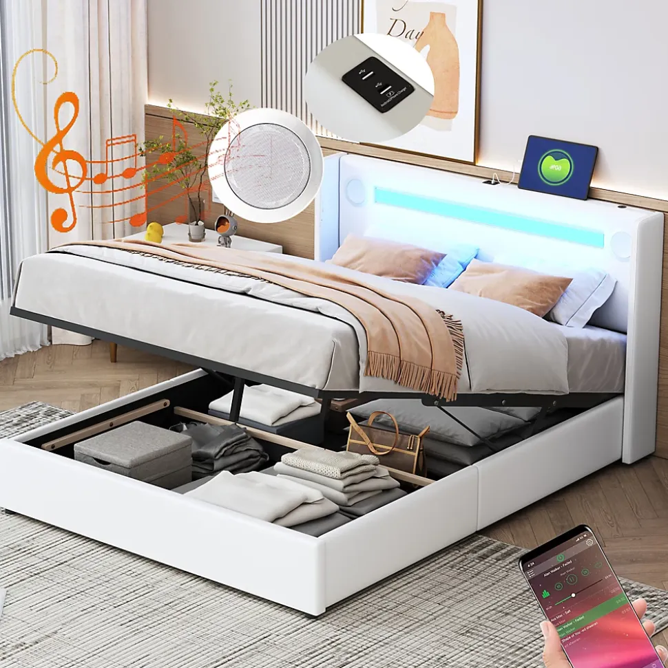 Lit rembourré 140 sur 200 avec éclairage LED lecteur Bluetooth port USB rangement en cuir PU sommier inclus pour chambre