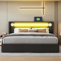 Lit rembourré 160 sur 200 avec éclairage LED lecteur Bluetooth port USB rangement en cuir PU sommier inclus noir élégant