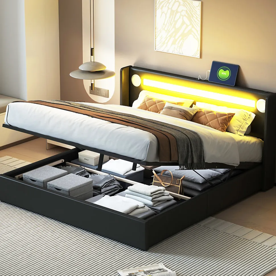 Lit rembourré 160 sur 200 avec éclairage LED lecteur Bluetooth port USB rangement en cuir PU sommier inclus noir élégant