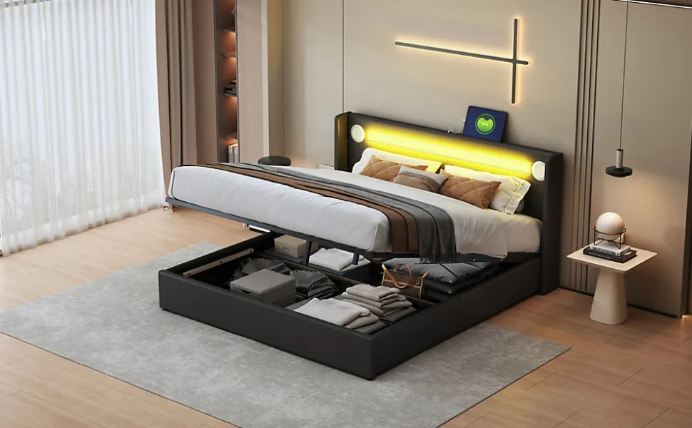 Lit rembourré 160 sur 200 avec éclairage LED lecteur Bluetooth port USB rangement en cuir PU sommier inclus noir élégant