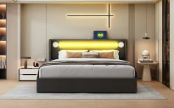 Lit rembourré 160 sur 200 avec éclairage LED lecteur Bluetooth port USB rangement en cuir PU sommier inclus noir élégant