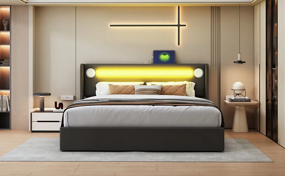 Lit rembourré 160 sur 200 avec éclairage LED lecteur Bluetooth port USB rangement en cuir PU sommier inclus noir élégant